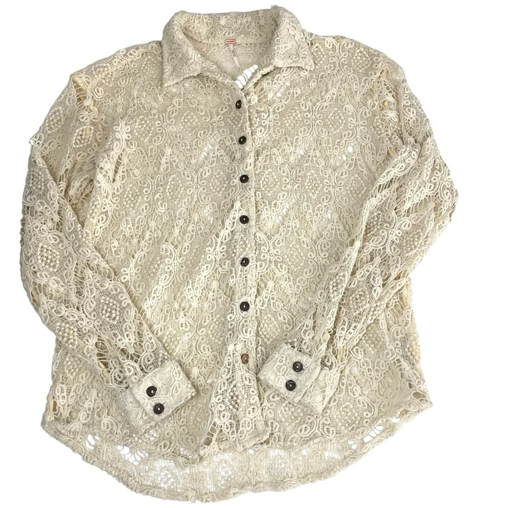 Free‎ People Until Sundown Shirt Crochet Lace Neutral Button Down Small